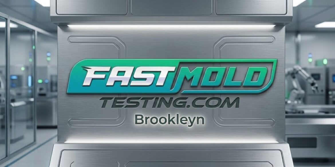 Sleek, futuristic interior showcasing a silver panel with the bold teal and gray logo "FASTMOLD TESTING.COM Brooklyn." High-tech, modern lab setting.