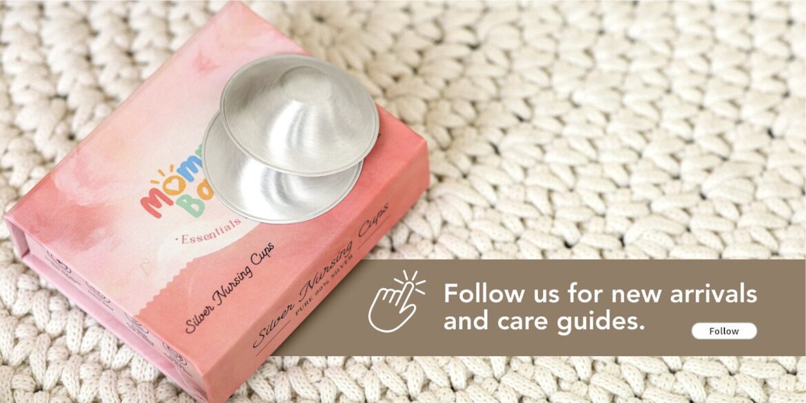 MommasBasics™ Silver Nursing Cups resting on a soft surface, highlighting thoughtful postpartum care products designed for mothers.