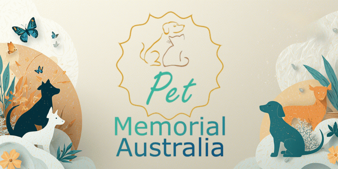 Pet Memorial Australia logo with illustrations of pets and butterflies.