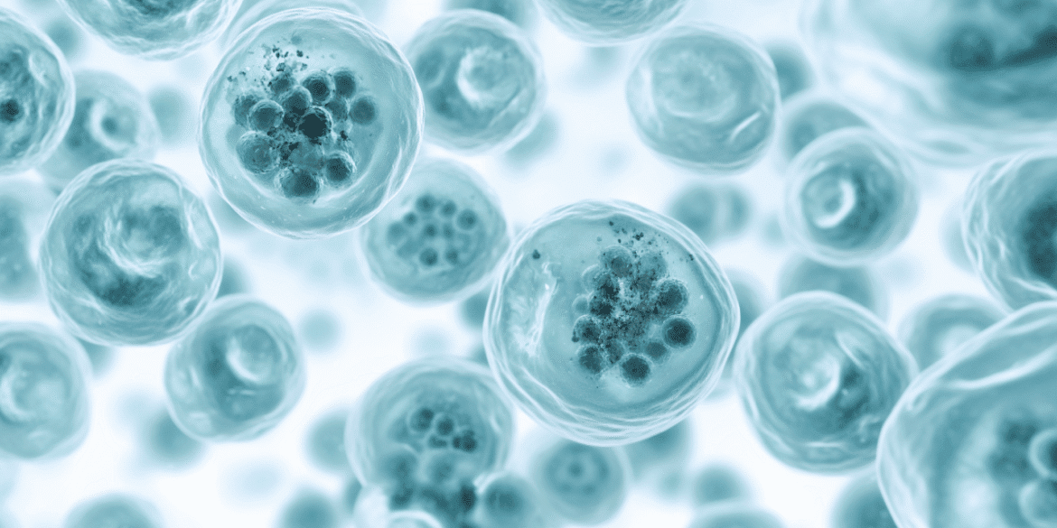 Senescent zombie cells surrounded by healthy cells in human tissue