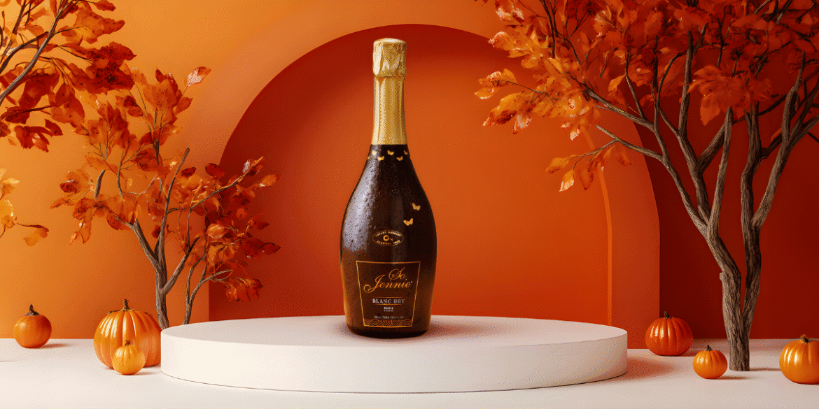 So Jennie sparkling bottle on pedestal with autumn leaves and pumpkins against warm orange backdrop