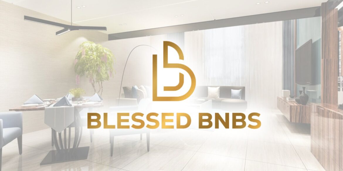a luxury interior with a sleek, modern design, featuring a dining table, stylish furniture, and a cozy atmosphere, aligned with Blessed BNBS' upscale brand.