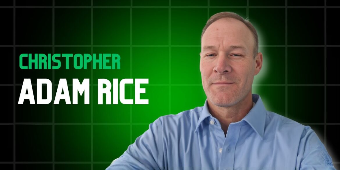 A man in a blue shirt with "Christopher Rice" printed, promoting his mission of empowerment through beauty and inspiration.