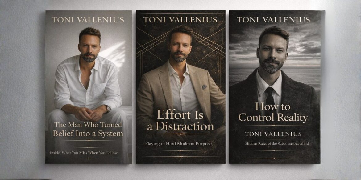 Three book covers titled "The Man Who Turned Belief Into a System," "Effort Is a Distraction," and "How to Control Reality" by Toni Vallenius feature a man in various poses. The designs convey a reflective, motivational tone.