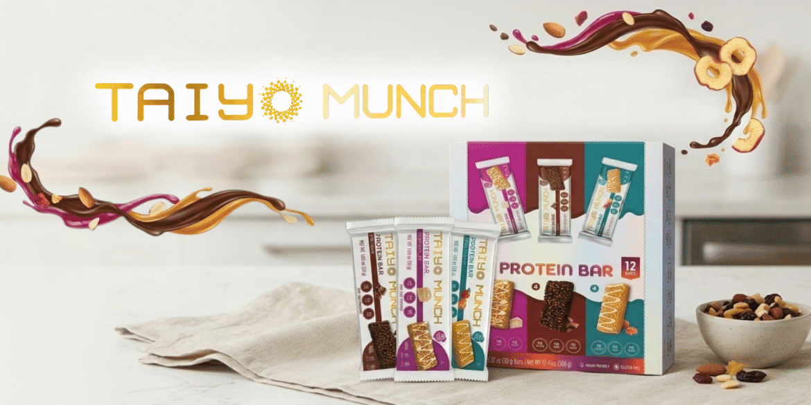 Taiyo Munch protein bars and variety pack displayed with colorful flavor swirls and snack ingredients.