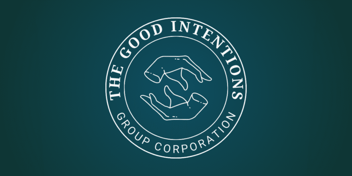 The image represents "The Good Intentions Group," featuring a logo with two hands, symbolizing care, support, and transformation.