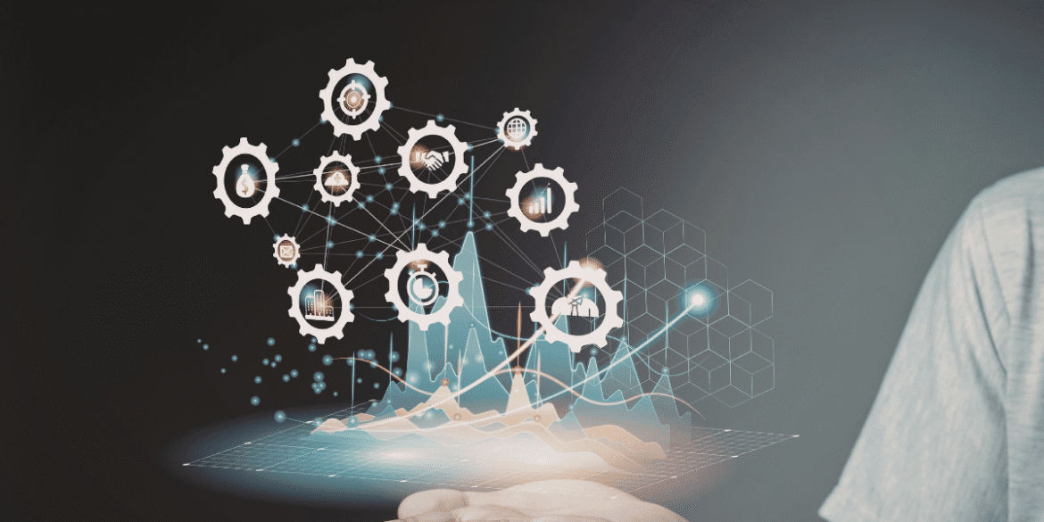 Technology innovation dashboard with connected digital gears and data analytics visualization