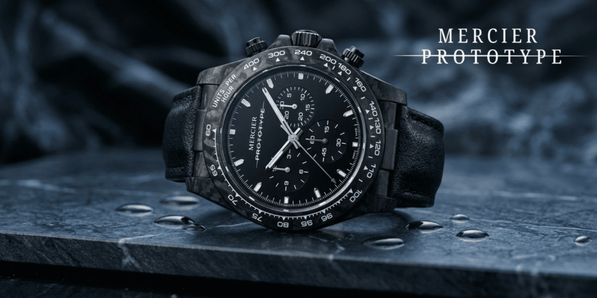 Mercier Prototype Manx luxury watch displayed on stone surface with water droplets and black leather strap.