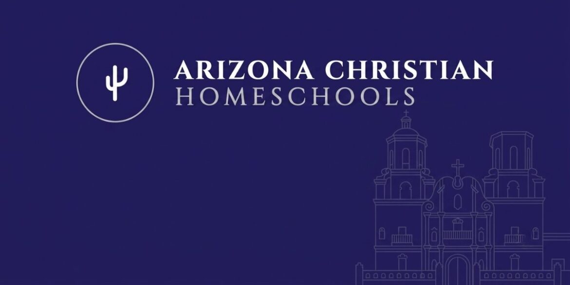 Arizona Christian Homeschools logo on purple background with church illustration, introducing Christ-centered education directory across Arizona.