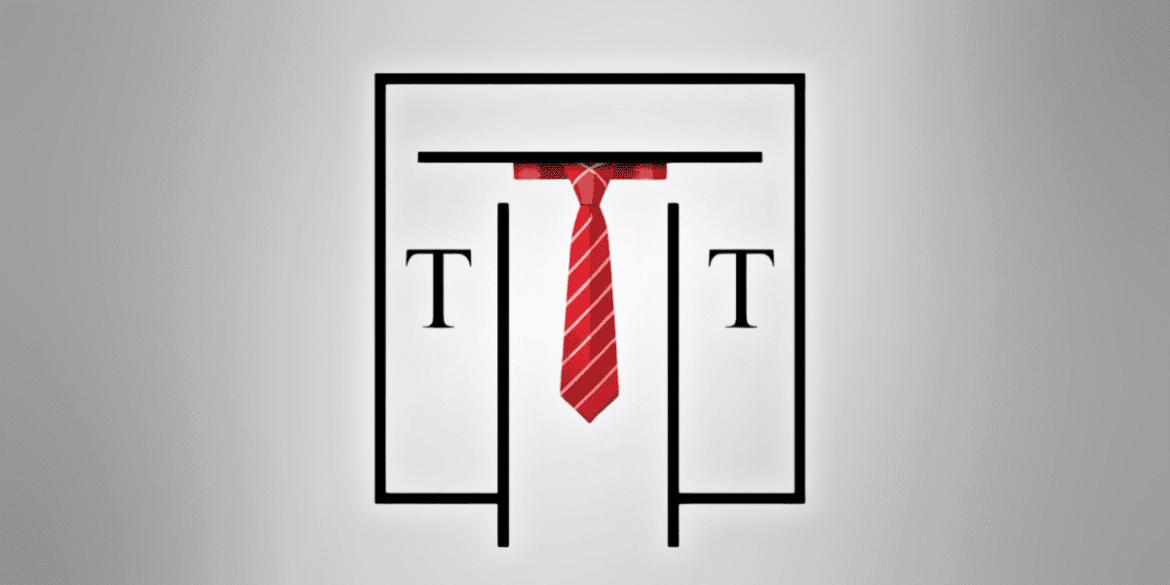 Talisman Tie logo featuring a red striped necktie framed by minimalist black lettering and border.