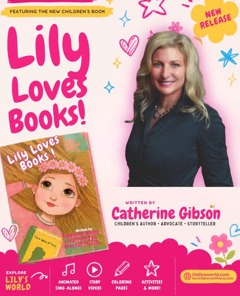Author Catherine Gibson poses beside Lily Loves Books cover, promoting the new children's book and It's Lily's World.