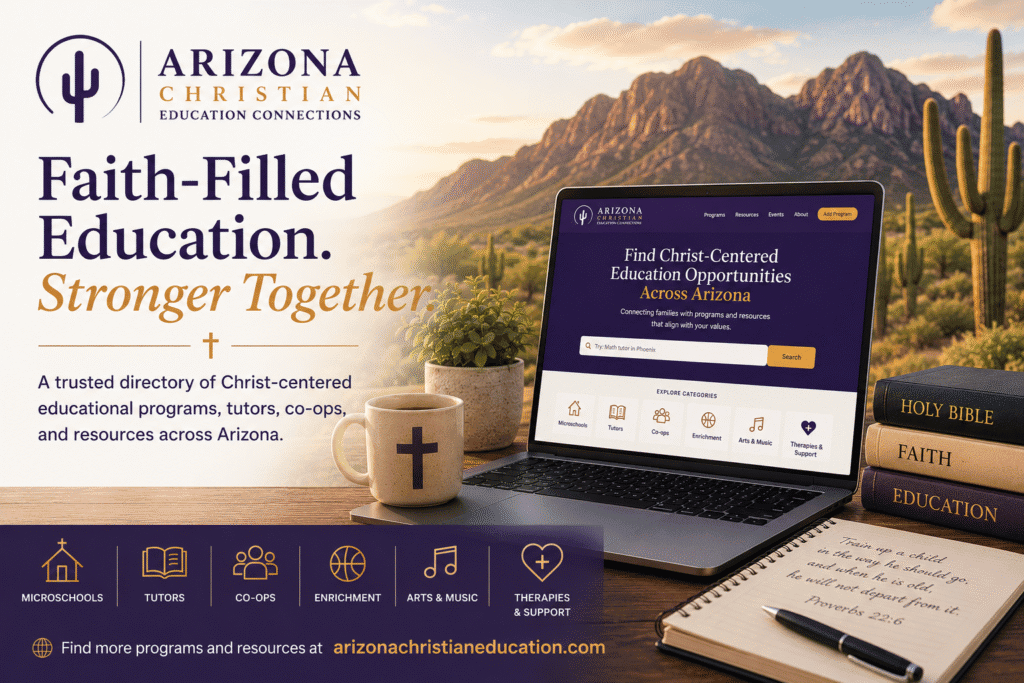 Arizona Christian Homeschools directory promoting Christ-centered education, featuring website on laptop, Arizona desert backdrop, and educational resources.