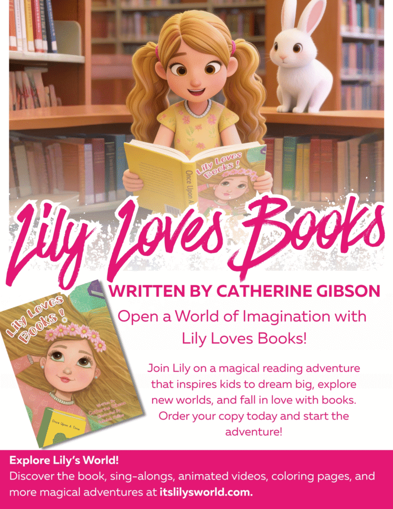 Smiling girl reads Lily Loves Books in a library beside a white rabbit, promoting Catherine Gibson's children's book.
