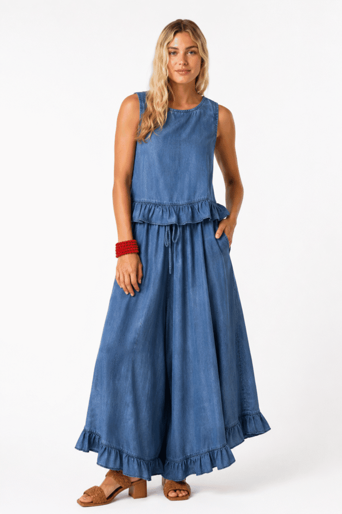 Woman wearing a sleeveless blue chambray maxi dress with ruffle details, tan sandals, and a red beaded bracelet.