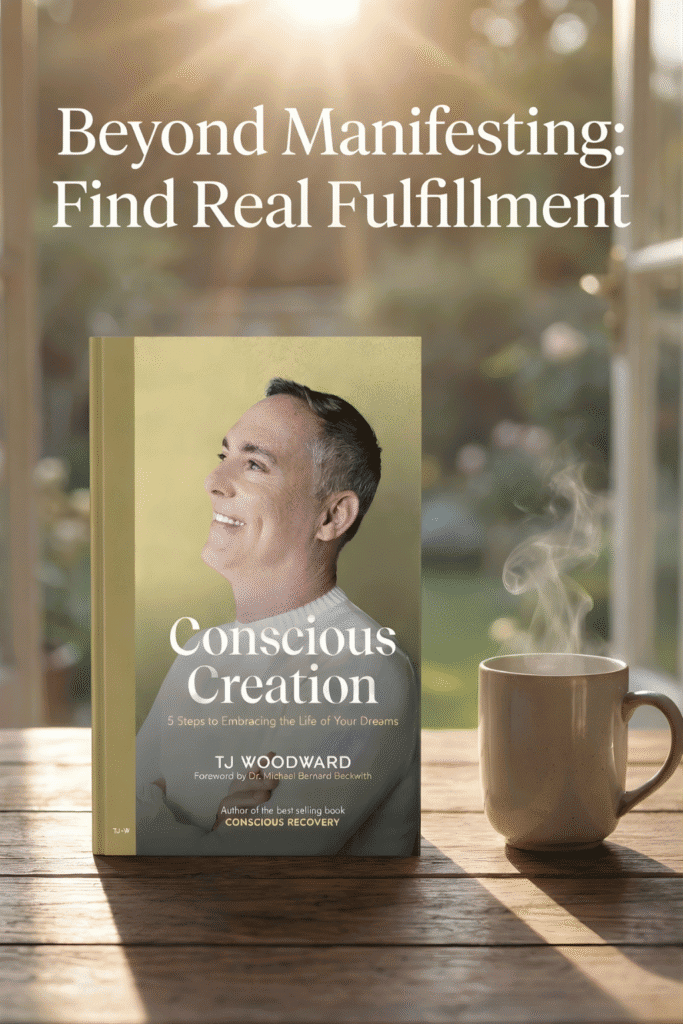 Book Conscious Creation by TJ Woodward beside a steaming mug beneath the headline, “Beyond Manifesting: Find Real Fulfillment.”