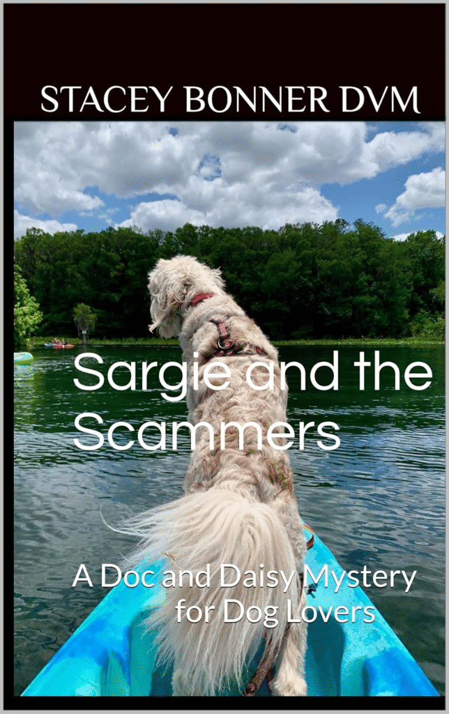 Cover of Sargie and the Scammers by Stacey Bonner, DVM showing Daisy the Doodle on a kayak.