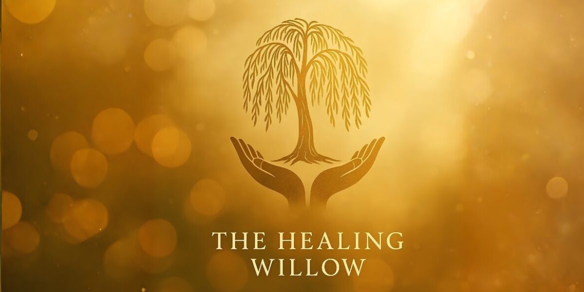 The Healing Willow logo featuring a willow tree above open hands on a gold background.