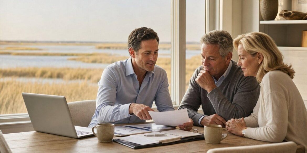 Financial advisor reviewing Social Security planning documents with a couple at a dining table.