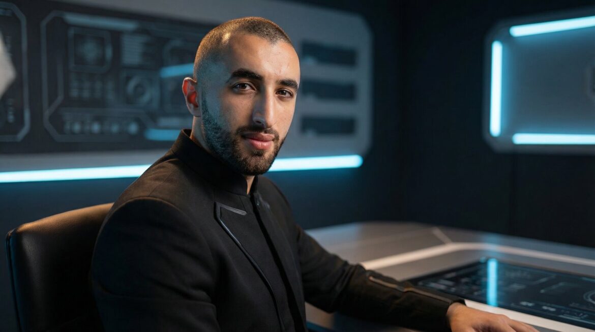 Kaikhan Salakhov seated in a futuristic interior illuminated by blue lights and digital displays.