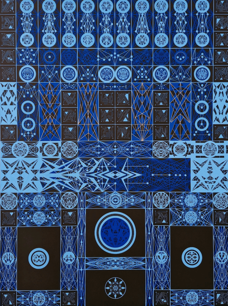 Blue geometric artwork depicting interconnected networks, circular forms, and intricate cosmic structures on a dark background.